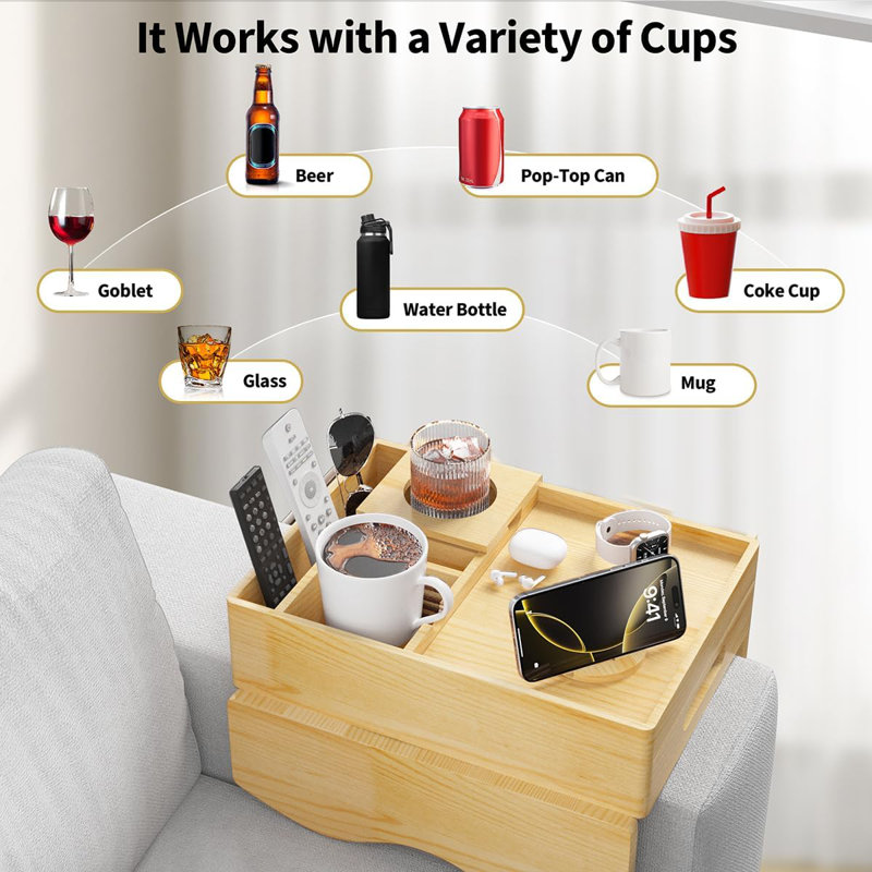 Couch Cup Holder Tray, 7-In-1 Couch Arm Tray, Sofa Clip-On Side Table With Push-Pull Drawer To Organize And Store Small Objects, 360°Swivel Phone Holder