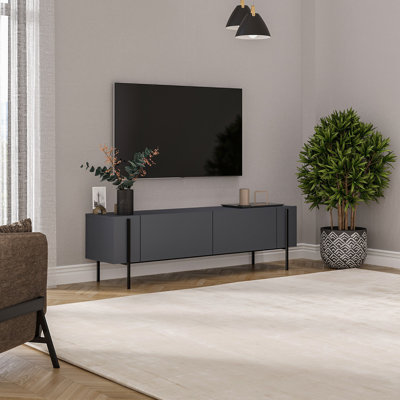 Modern TV Stand, 63.0 x 18.0 x 12.4 Inches | 100% Melamine Coated Particle Board, Thickness: 0.7 Inches | Sleek Design with 16.0-Inch Leg Height | Perfect for Contemporary Living Rooms & Entertainment Spaces
