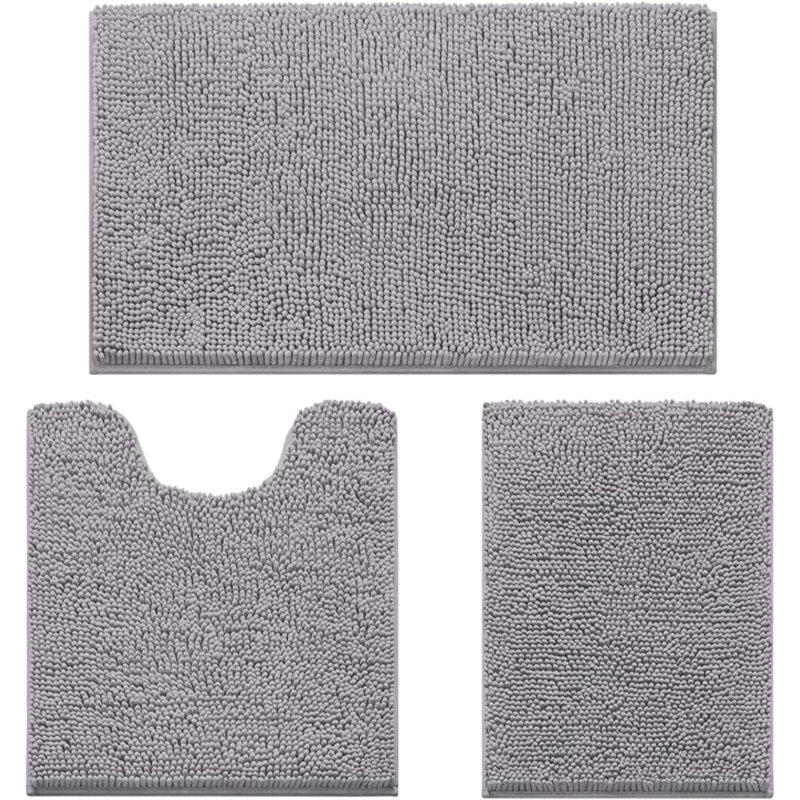 Ensemble de 3 tapis de salle de bain, tapis de bain en chenille ultra doux et antidérapant, Gris