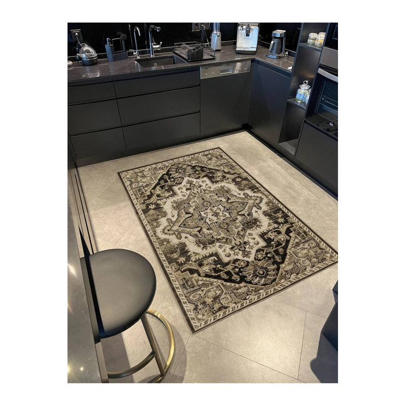 Traditional Checkered Floral Woven Base Washable Carpet, Round 5'