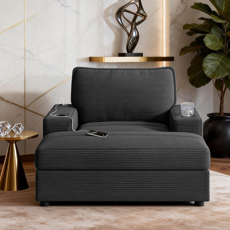 42.8" Oversized Chaise Lounge Chair With Storage Ottoman, Corduroy Sofa Bed With Cup Holders & USB Charging Port,, Gray