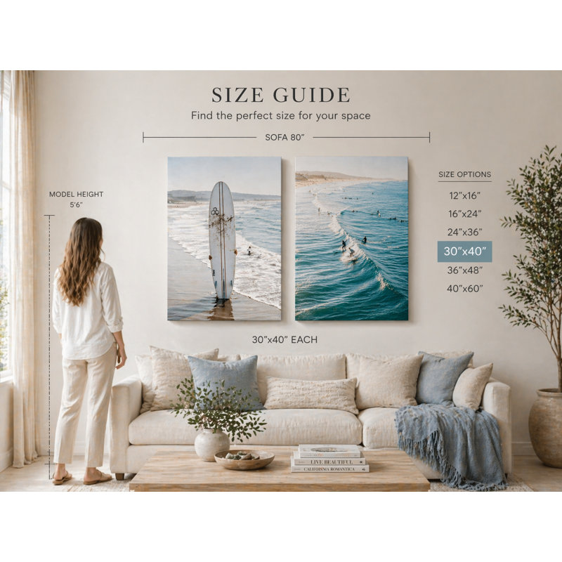 Ensemble de 2 reproductions d'art moderne côtières modernes, vagues de l'océan et planche de surf, décor de plage neutre pour le salon, la chambre et la salle de bain