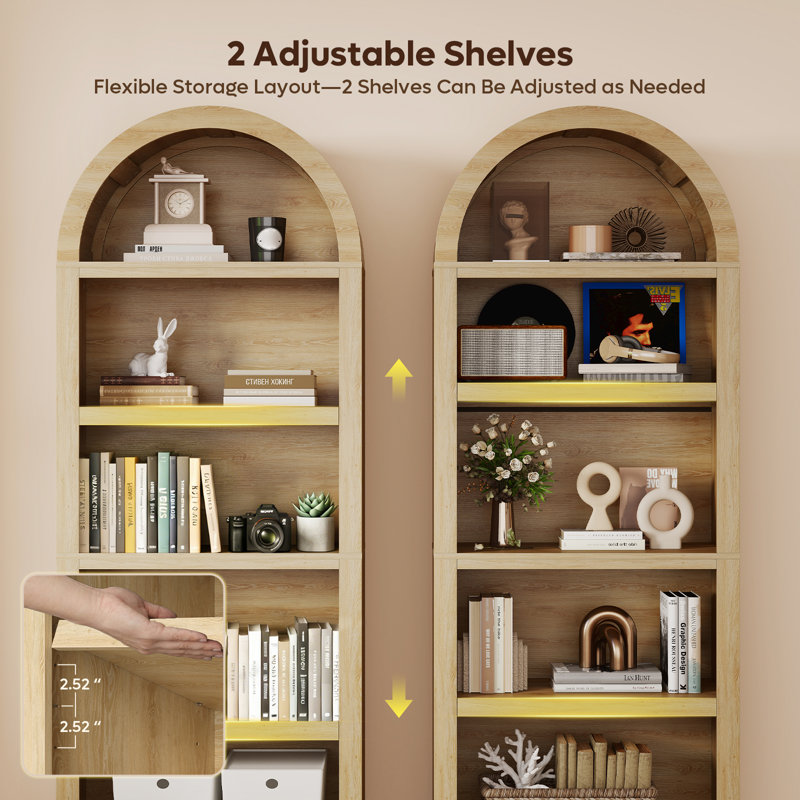 Abdulkareem 76"H Arched Bookcase 5-Shelf Open Front Storage Bookcase with 2 Adjustable Shelves for Living Room Corner, Bookshelf Utility Storage Cabinet, Coastal Oak