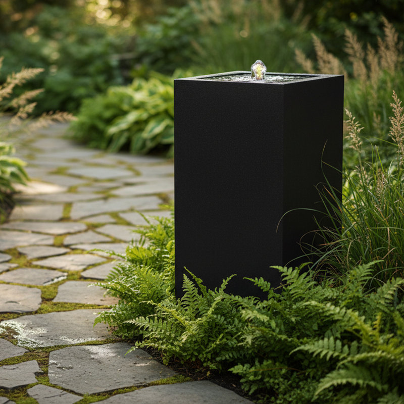 Rectangular Polystone LED Outdoor Bubble Fountain - Black, 30" H x 14.5" W x 14.5" D, Black