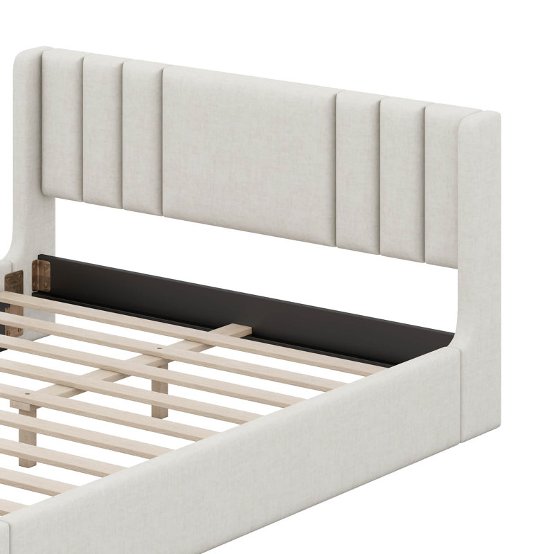 Cadre de lit moderne capitonné avec tête de lit à oreilles, Grand lit, Beige