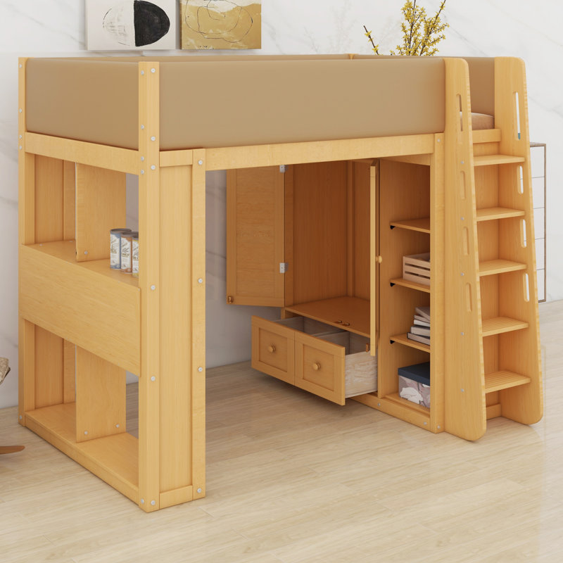 Un lit mezzanine avec armoire intégrée, tiroirs, étagères et éclairage d'ambiance structure une chambre moderne., Wood