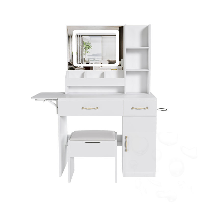 Bureau de coiffeuse à DEL avec prise de courant et tabouret de rangement, Blanc