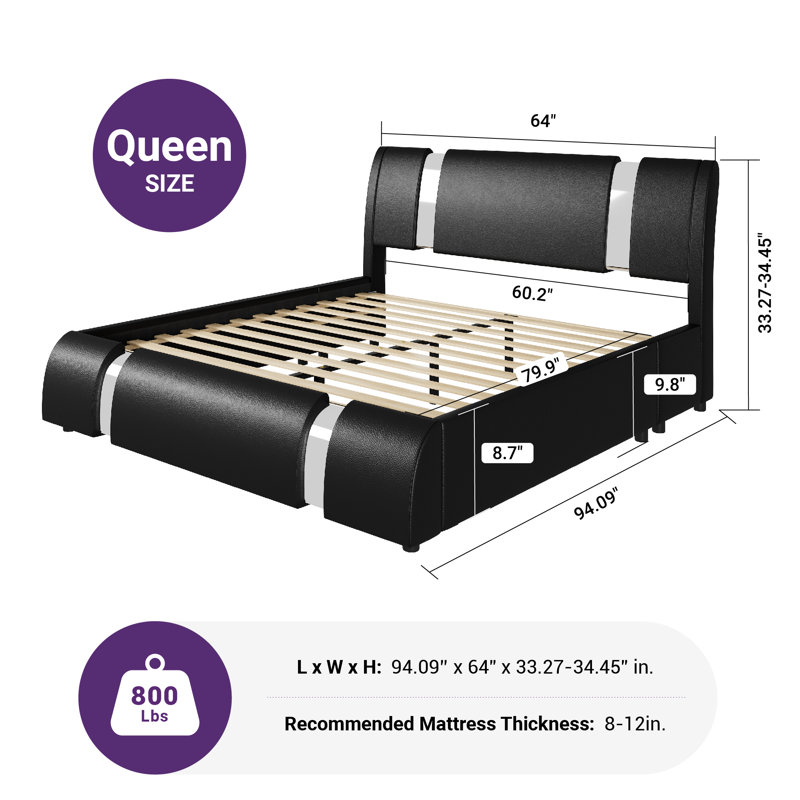 Platform Bed Frame With Iron Pieces Decor And Adjustable Headboard, Queen, Black