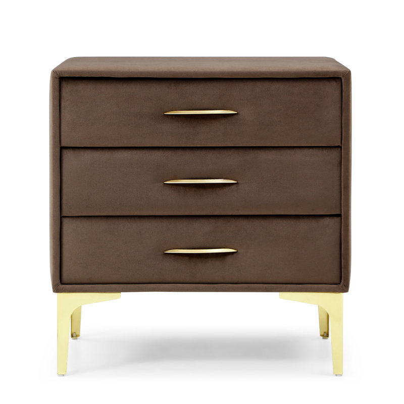 Elegant Velvet Upholstered Nightstand With Gold Legs, Dark Brown Velvet