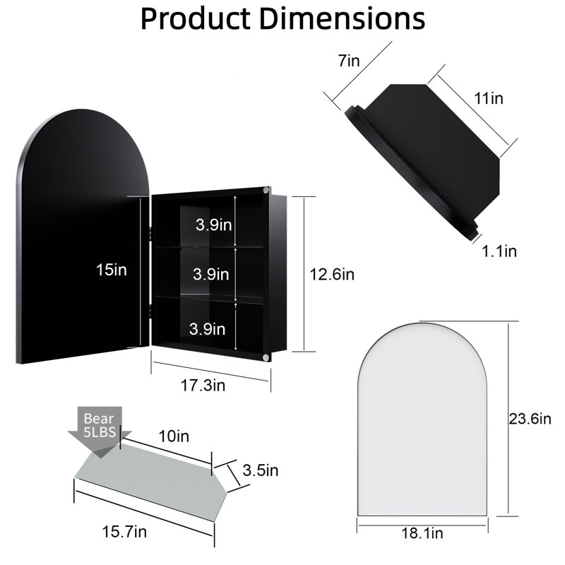 Cabinet Armoire à pharmacie d'angle en métal 18 po x 24 po】 - Miroir arqué, tablettes en verre réglables et petit rangement de salle de bain peu encombrant