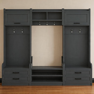 Retro Blue Detachable 4-In-1 Multifunctional Hallway Coat Rack With 7 Hooks, Storage Space, Drawers, Cabinets And Shoe Bench, Perfect For Entryways And Corridors.