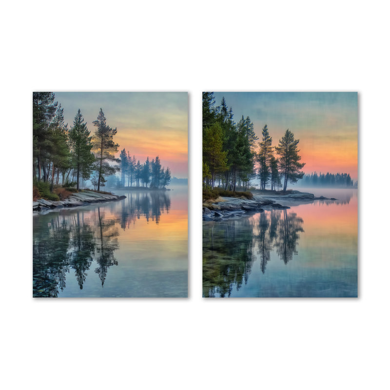 «Sunset at Dawn Lake Summer Mist» - ensemble de 2 décorations murales en métal orange, 32" H x 48" W