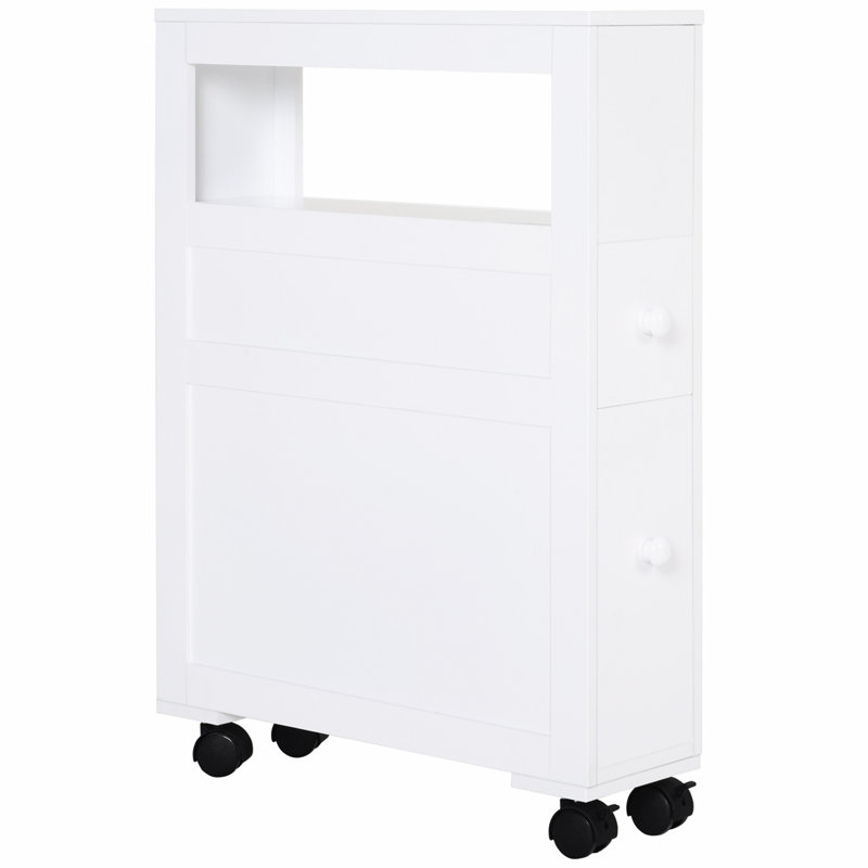 Narrow White Bathroom Cabinet With Rolling Feature And Storage Space Side Frame 45 Lbs Capacity