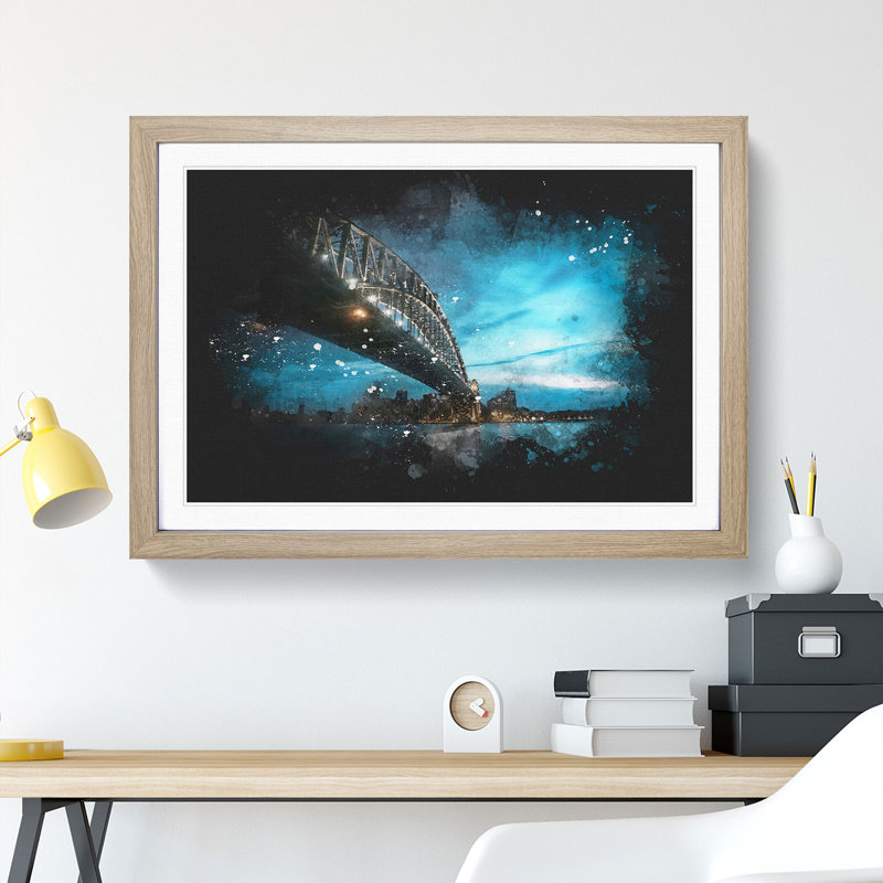 Sydney Harbour Bridge in Australia - Picture Frame Graphic Art Print, 33cm H x 45cm W x 2cm D, Oak Framed