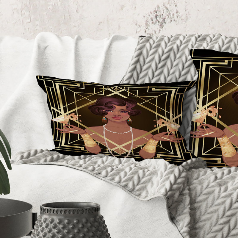 Rectangle, femmes rétro en géométrie dorée Art déco I - coussin décoratif moderne