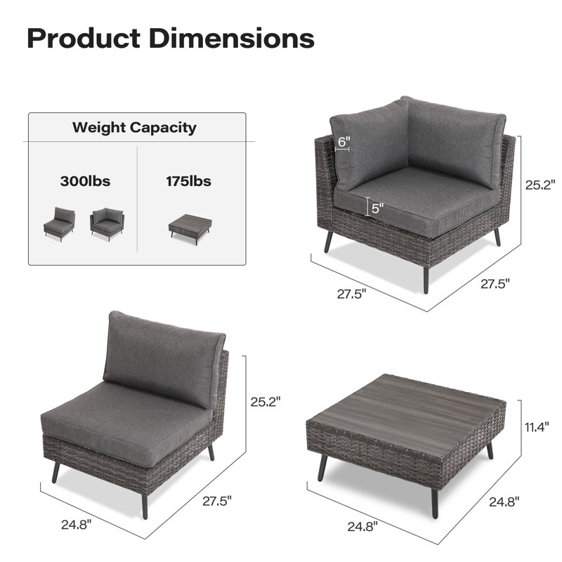 7 pieces Sectional Seating Group with Cushions, Black, Gray