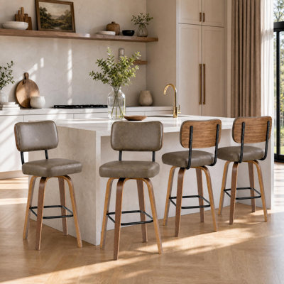 Modern Swivel Bar Stools Set of 3 – Counter Height Chairs with Backrest – 26" Faux Leather Upholstery – Bentwood Legs – Ideal for Kitchen Island or Home Bar – Brown