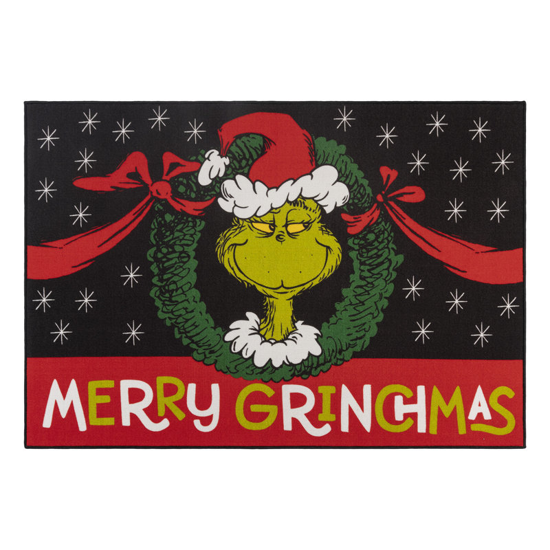 Licensed Dr Seuss Grinch Merry Grinchmas Wreath Black Red Green Digital Printed Non-Slip Area Rug