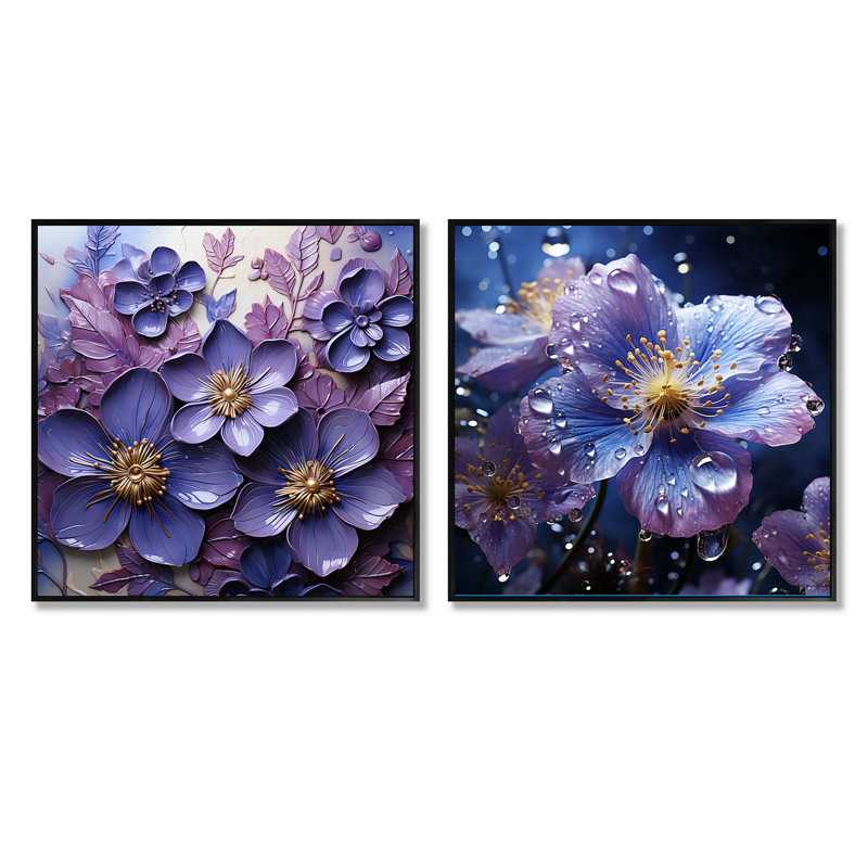 Royal Elegance II - ensemble de 2 collages carrés violets, Cadre flottant noir, H 16 po x l 33 po