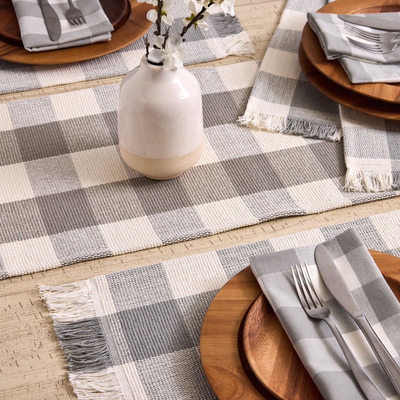 Check Fringe Table Runner & Placemat 5 Piece Set, Gray, 75" L
