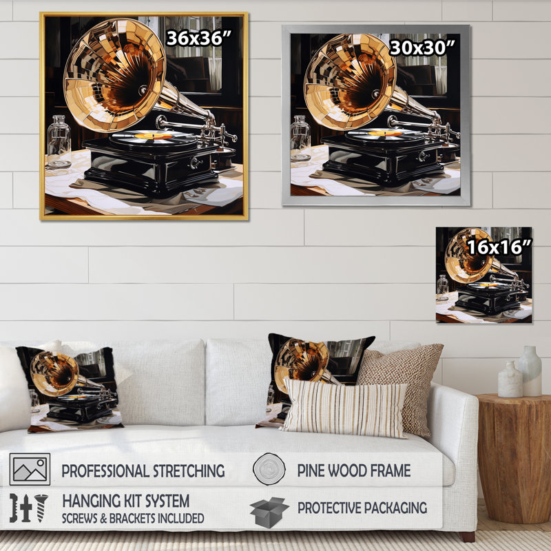 " Gold Black Phonograph Reflections ", Black Floater Framed, 16" H x 16" W x 1" D