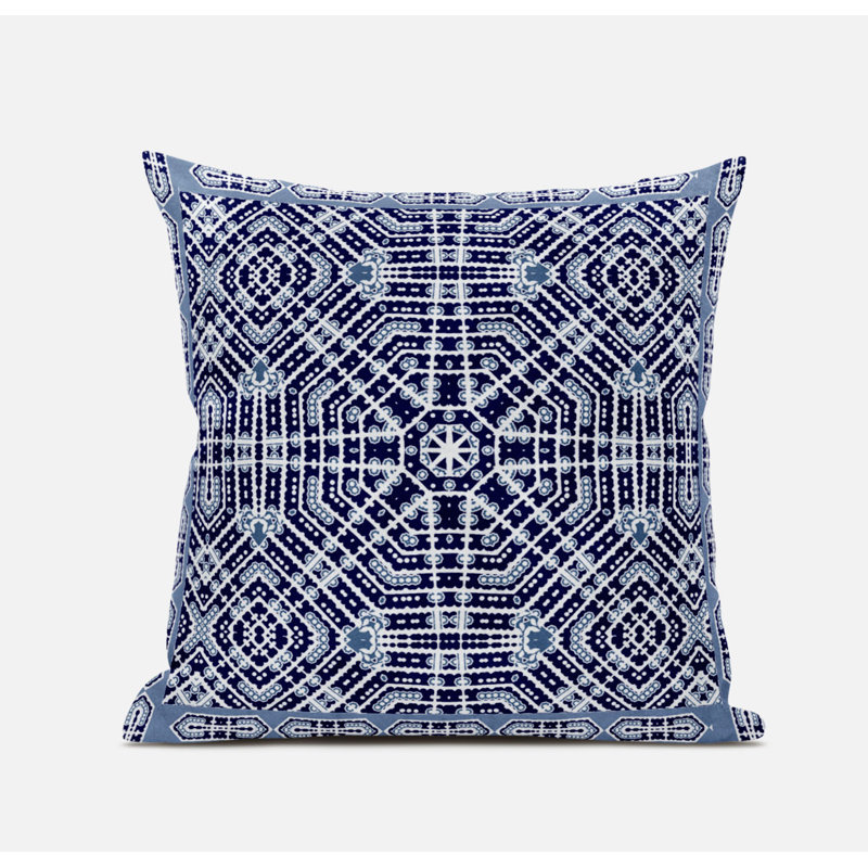 Coussin en suède avec fermeture à glissière Wreath Palace, 18 po x 18 po, Blanc / Bleu marine
