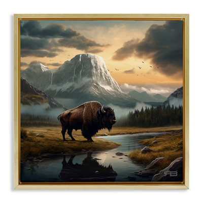Bison & Vast Mountains Framed Floater Canvas Wall Art by Roozbeh Bahramali