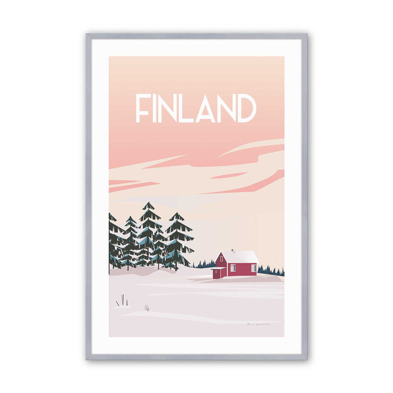 Affiche de voyage finlandaise dans un, Cadre en chrome poli, H 25,25 po x l 19,25 po