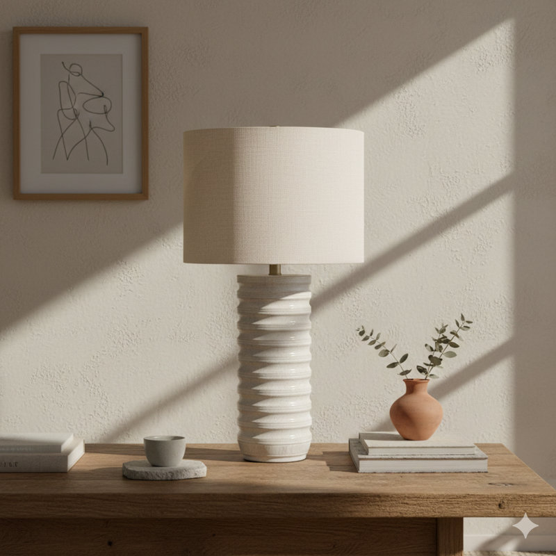 Lighting, H 28 po, lampe de table, résine crème, abat-jour ivoire / crème, transitionnel