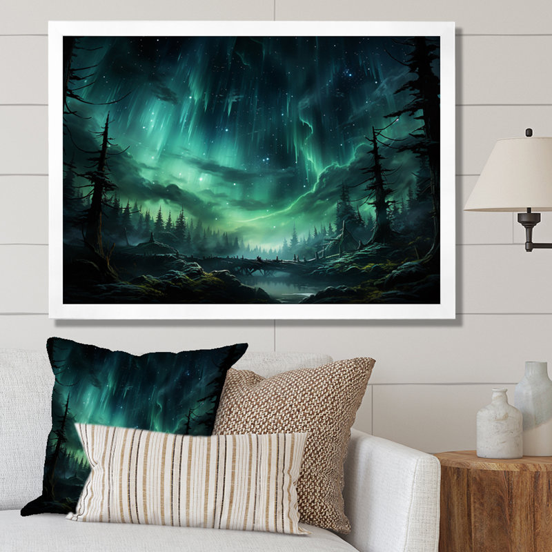 Northern Lights Starry Night I - Landscapes Wall Art Prints, H 16 po x l 32 po x P 1 po, Cadre simple blanc