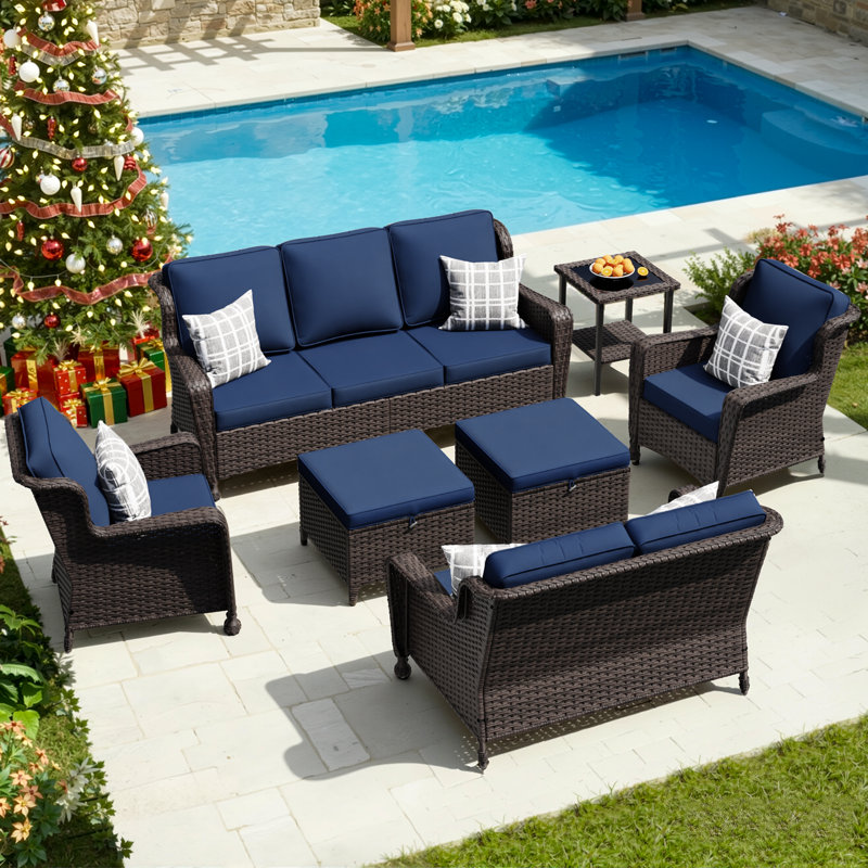 7-Piece Outdoor PE Wicker Patio Conversation Set with Sofas, Chairs, Ottomans, Side Table & Blue Cushions, Blue