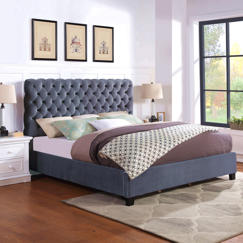 Lit capitonné en velours capitonné Roundhill Furniture Apoera, très grand, gris