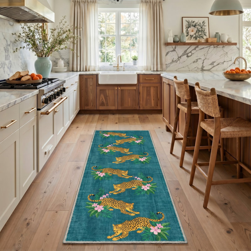 Abraham Tropique Tropical Machine Washable Blue / Green Indoor Area Rug with Non-Slip Backing, Runner 2'3" x 6'