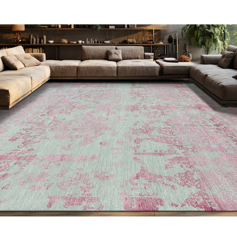 Tapis argenté et rose noué à la main de haute qualité