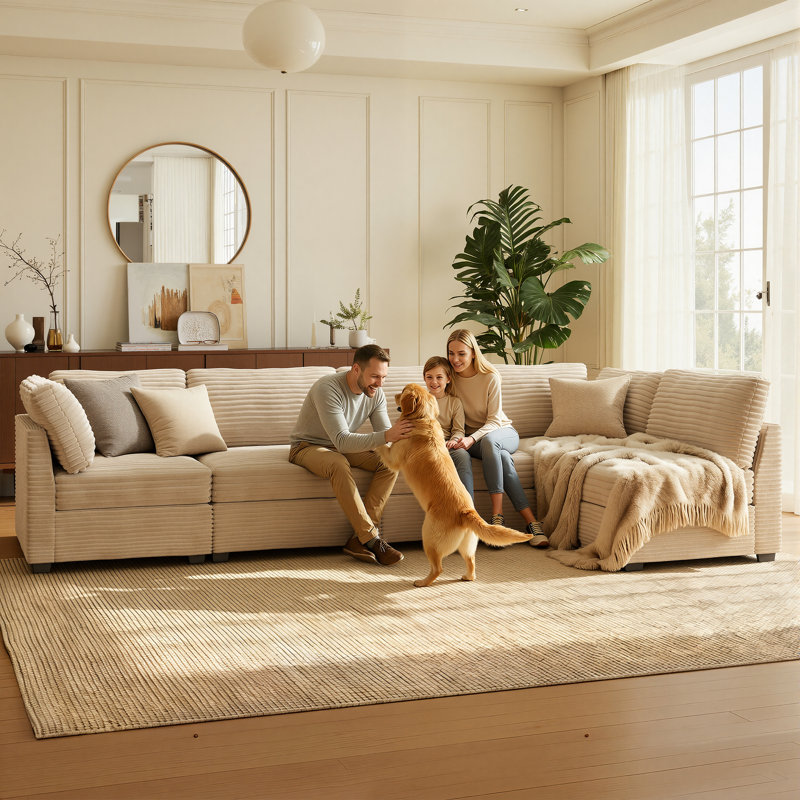 Modular L-shaped Sectional Plush Corduroy Sofa, Modern Couch  With Wide And Deep Seats For Living Room, Bedroom, Beige