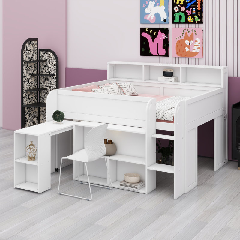Lit mezzanine avec plusieurs tablettes de rangement, bureau intégré et éclairage DEL, Blanc
