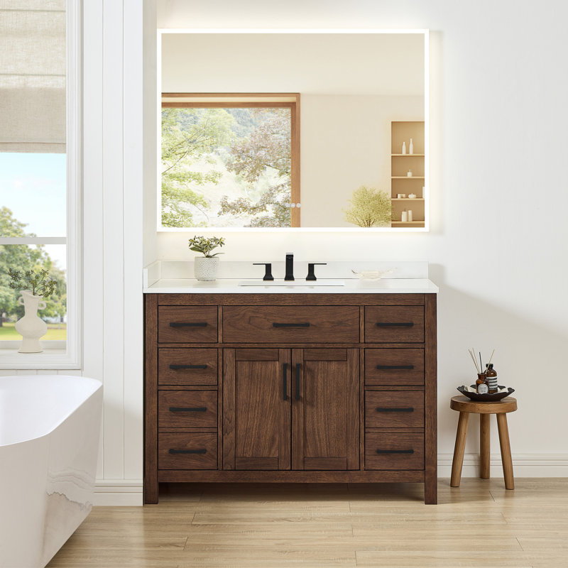 Beckett 48" Freestanding Single Bathroom Vanity with Quartz Top, Dark Walnut, Matte Black, White Quartz