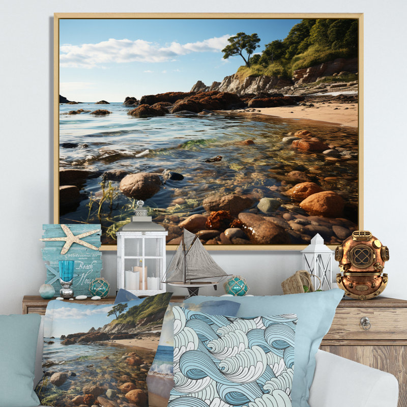 «Rocky Beach Tides Embrace II» - Art mural sur toile nautique et plage, 24" H x 32" W, Cadre naturel flottant