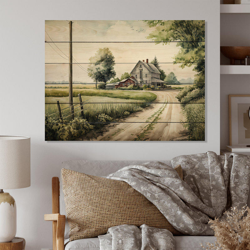 Martine belle grange au printemps V - art mural bois de campagne / campagne - bois de pin naturel, H 24 po x l 32 po x P 1 po