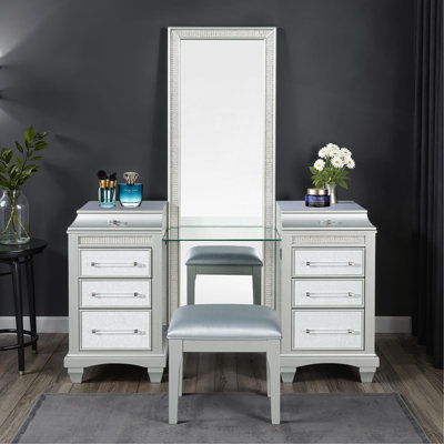 Contemporary Style 1Pc Vanity W/ Stool Metal Legs USB Port Ball Bearing Glides Glass Top Full Length Mirror Bedroom Furniture
