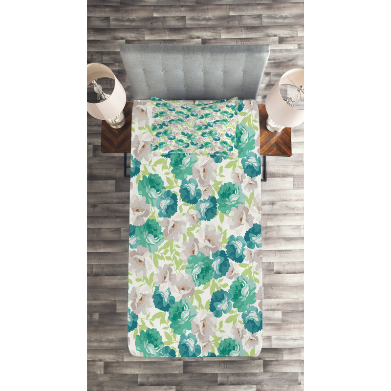 Farmhouse / Country Polyester Floral Coverlet, Twin Bedspread + 1 Sham, Rose Turquoise