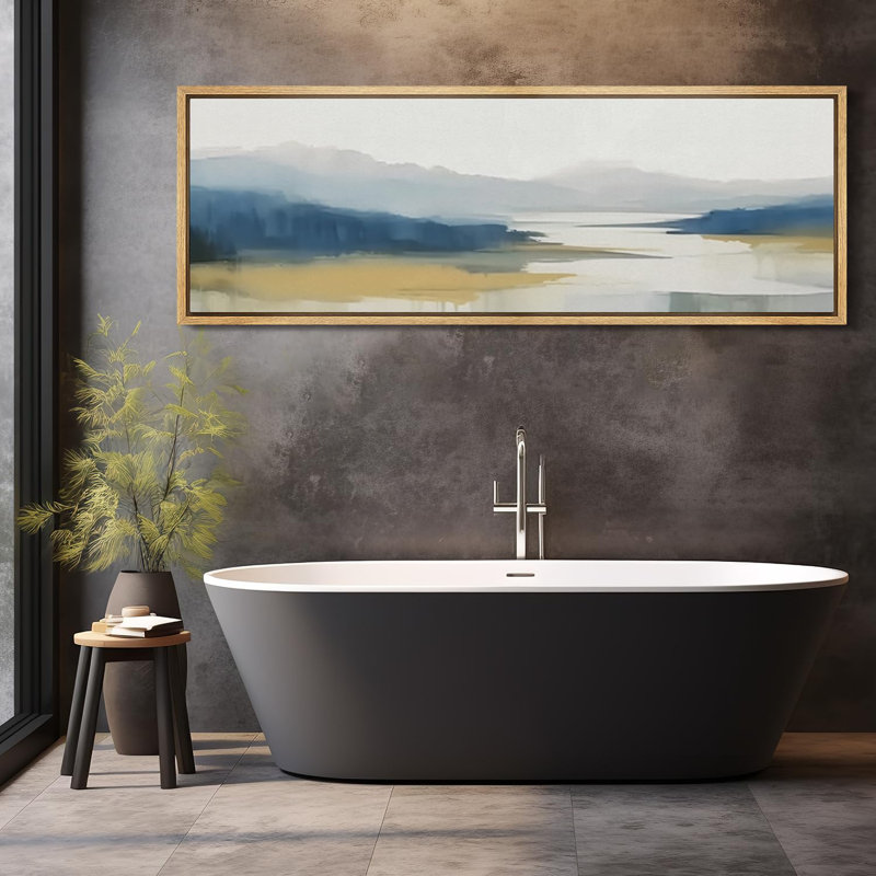 «Abstract Landscape Serene Blue Yellow Lakeside Minimal Scenery Misty Morning», reproduction d'art sur toile, Naturel