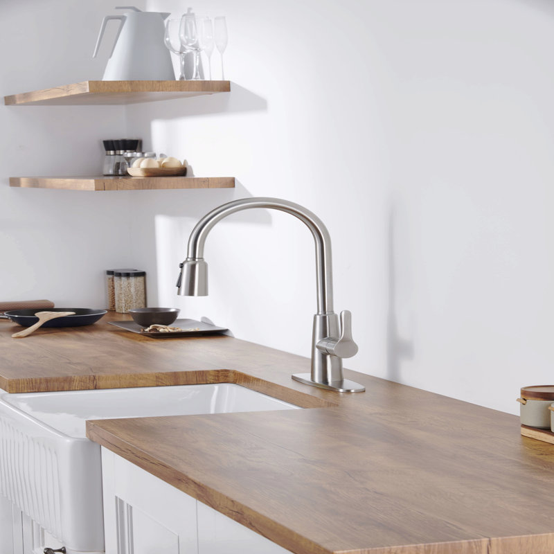 Kitchen Sink Faucet With Pull Out Sprayer Brushed Nickle,Stainless Steel High Arc Kitchen Sink Faucet, 3 Way Setting Single Handle Kitchen Faucets With Deck Plate