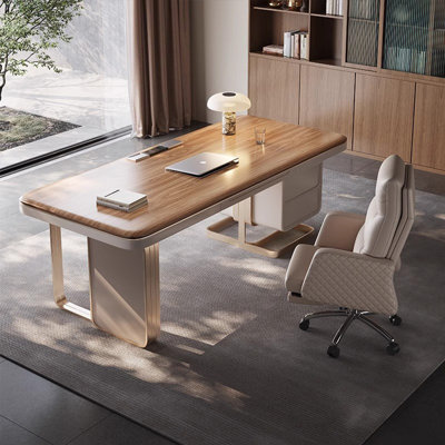 Italian Minimalist Light Walnut High-End Desk with Storage Cabinet, Modern Luxury Home Office Computer Desk, Designer Boss Workstation
