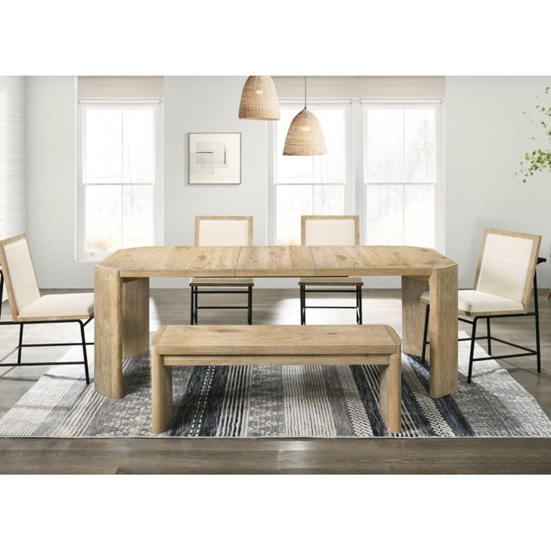 Banc contemporain de style scandinave en bois brun de 51 pouces avec placage de chêne pour la salle à manger, pieds à panneaux, plateau rectangulaire, deux sièges confortables, deux sièges inspirés, bois d'hévéa
