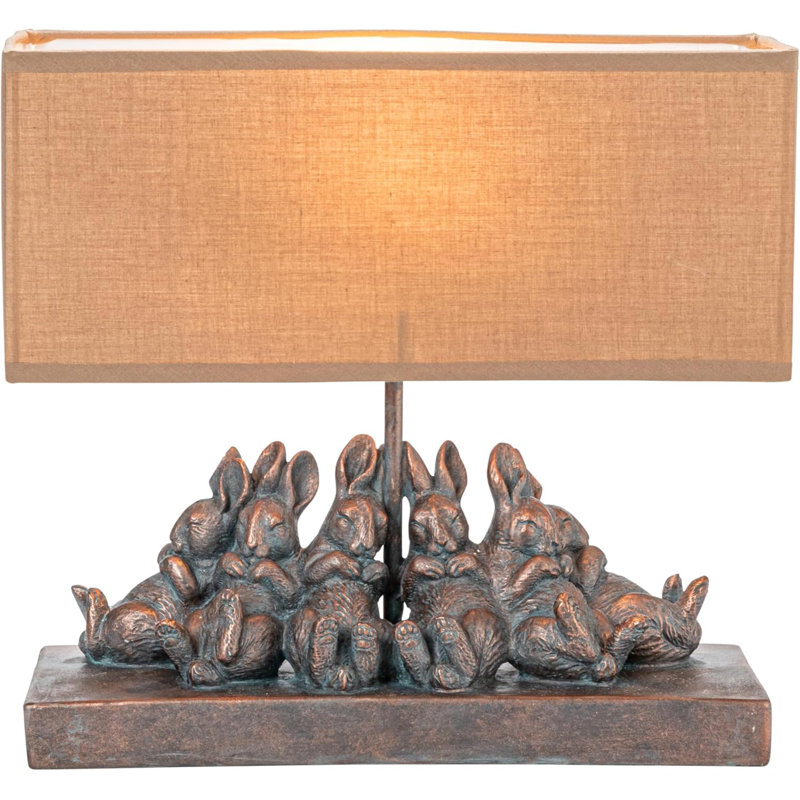 Bronze Resin Bunny Lamp With Rectangular Linen Shade For Nursery, Farmhouse Decor