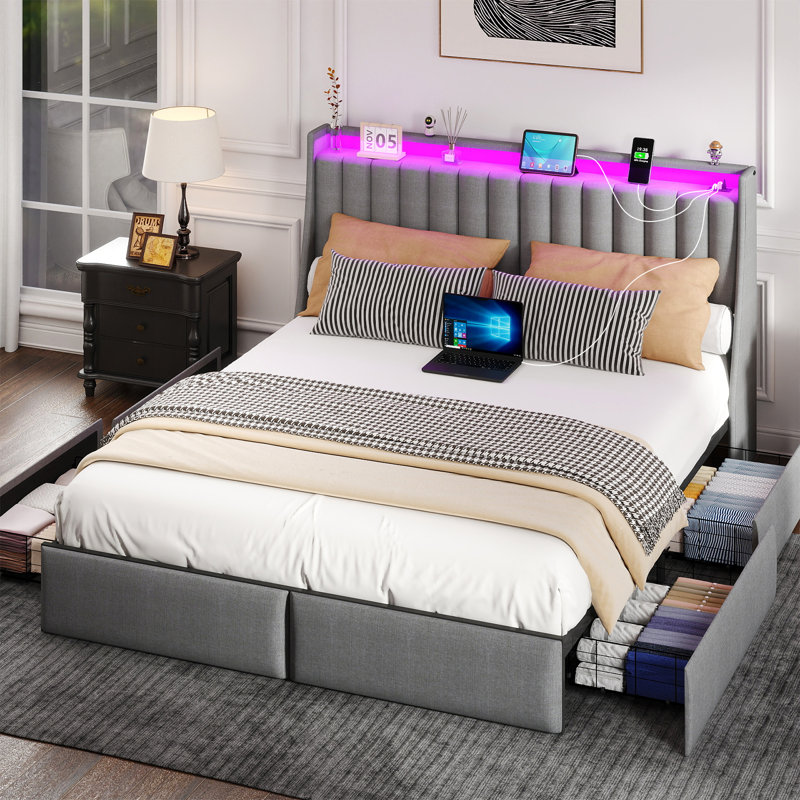 Full Platform Bed Frame with Charging Station and 4 Sliding Drawers,Upholstered Bed with Headboard and LED Lights, Full
