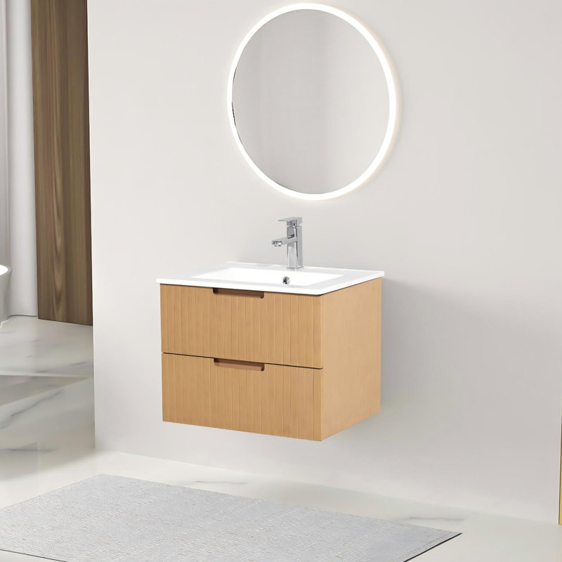 Meuble-lavabo mural 24 po avec comptoir en céramique, meuble-lavabo simple 24 po et 2 tiroirs, Brun