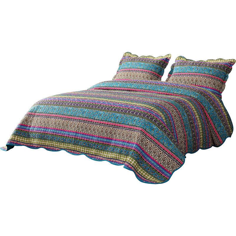 Boho Chic Blue Cotton Queen Reversible Quilt Set