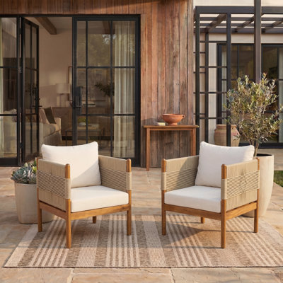 Outdoor Club Chairs (Set of 2) with Diamond-Pattern Beige Rope, Teak Finish